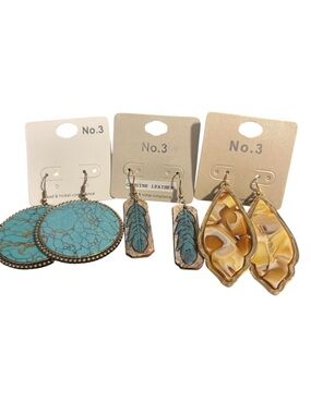 Turquoise and Amber Drop Earrings Trio - Boho Women Jewelry